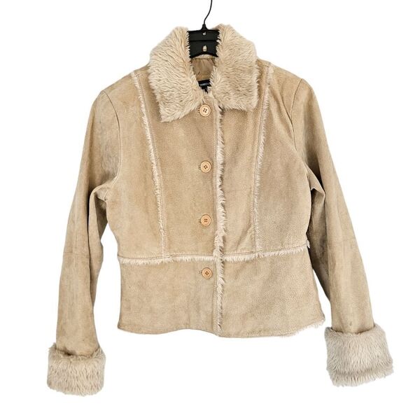 Vintage '90s Marcelle Renee Leather Boho Penny Lane Faux Fur Trim Coat S - Picture 1 of 9